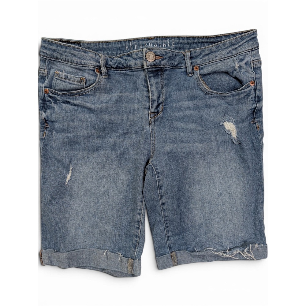 Aeropostale Womens Bermuda Shorts 12 Distressed Cuffed Blue Denim
